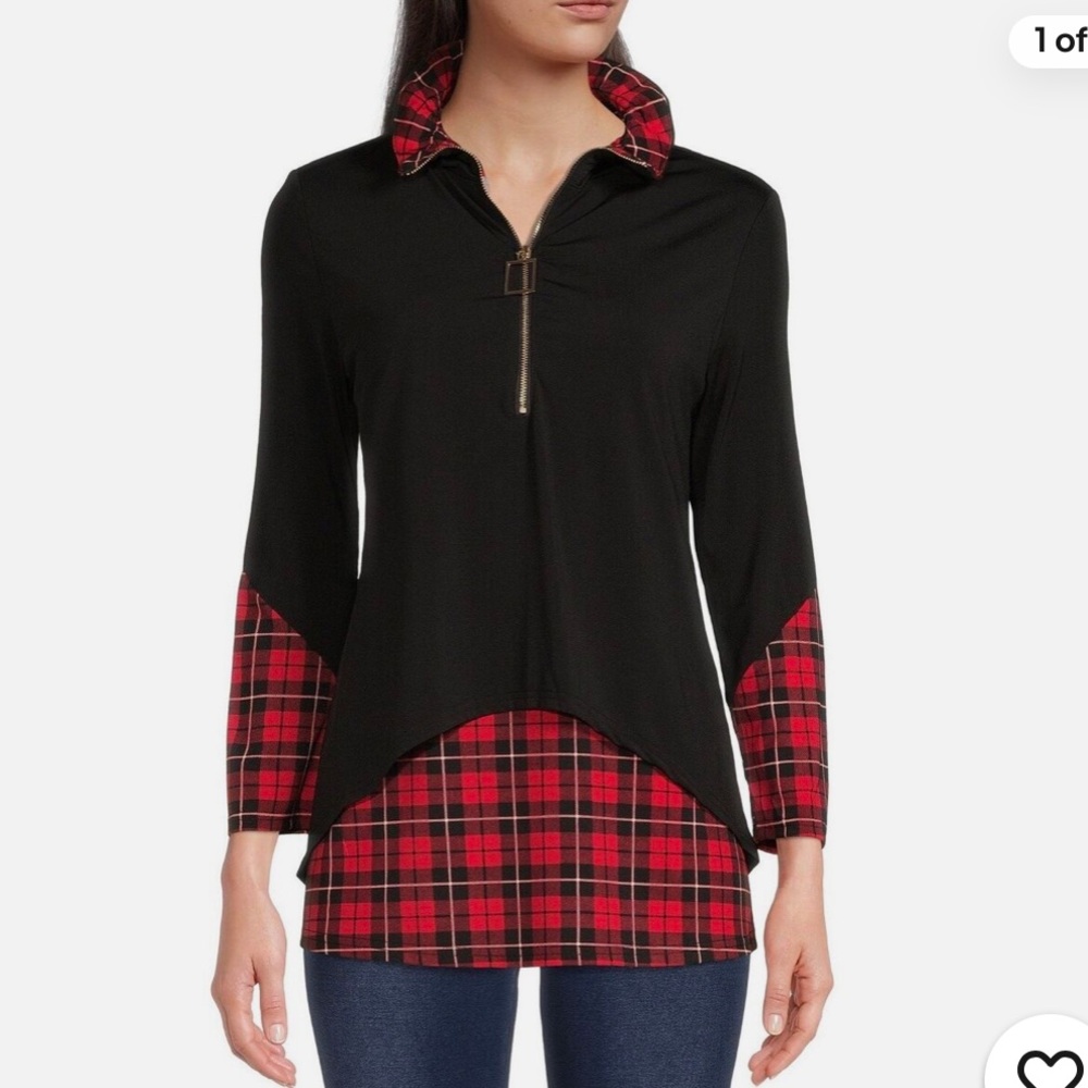 Calessa Layered Two‑Fer Half‑Zip Tunic Women’s Plus 2X Black & Red